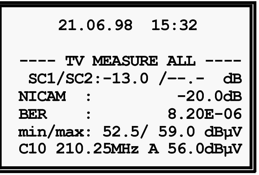 If the function, measure, is called up in the TV, Sat or FM menu, all the measurements are printed out.
