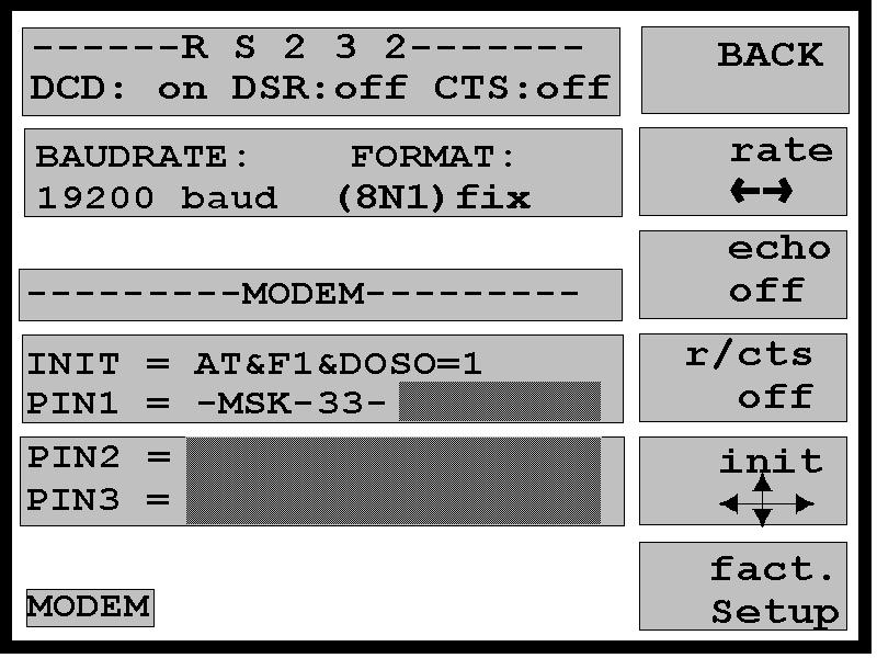 Interfaces Modem/RS232 menu The RS232 interface of the MSK 33 can be configured in the most important points in this menu. Return to the SETTING menu.