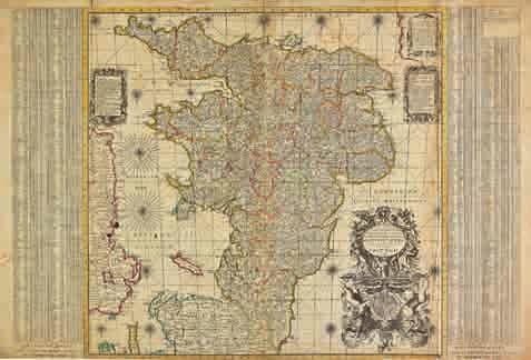 Feltham, [1693], engraved map on two conjoined sheets, contemporary outline colouring, tables to vertical margins, old folds, slight creasing, dust soiling and staining, folds strengthened and
