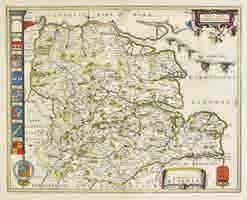 186 Essex. Blaeu (Johannes), Essexia comitatus, published Amsterdam, circa 1645, engraved map with contemporary hand colouring, 420 x 525mm, Dutch text on verso (1) 100-150 184* England & Wales.