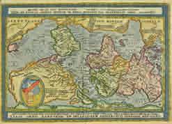 Magini (Giovanni Antonio), Universi orbis descriptio ad usum navigantium, published Venice, [1596], hand coloured map, engraved by G. Porro, 135 x 175mm, mounted, framed and glazed R. W. Shirley.
