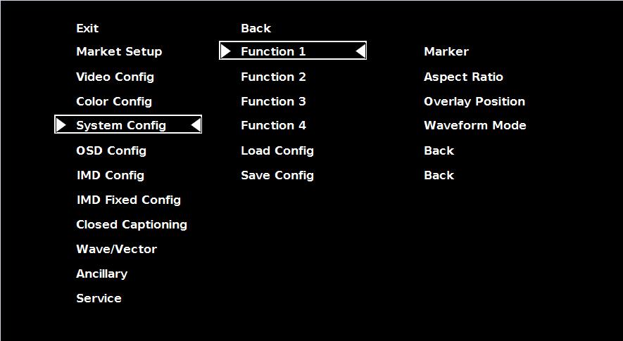 System Configuration Submenu User-Definable Function Buttons Use the Function 1, Function 2, Function 3 and Function 4 menu items to define each function button on the front panel of the monitor.
