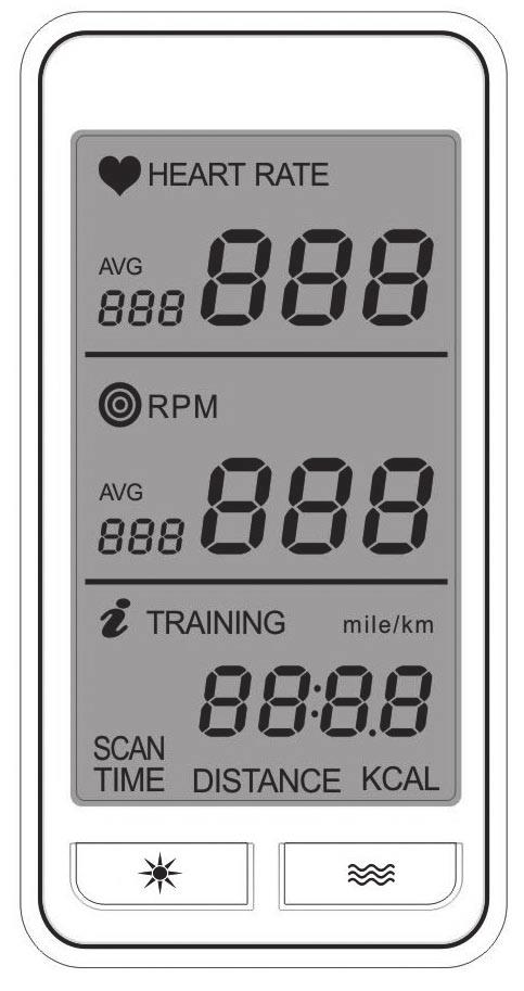 COMMERCIAL INDOOR CYCLING COMPUTER heart rate - average heart rate - actual cadence/rpm - average training information cadence/rpm - actual mile/km (presetting) scan functionally