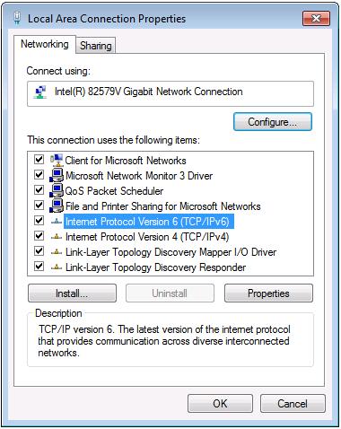 The Local Area Connection Properties window for the selected network adapter appears as shown in Figure 34. Figure 34: Local Area Connection Properties Window 4.