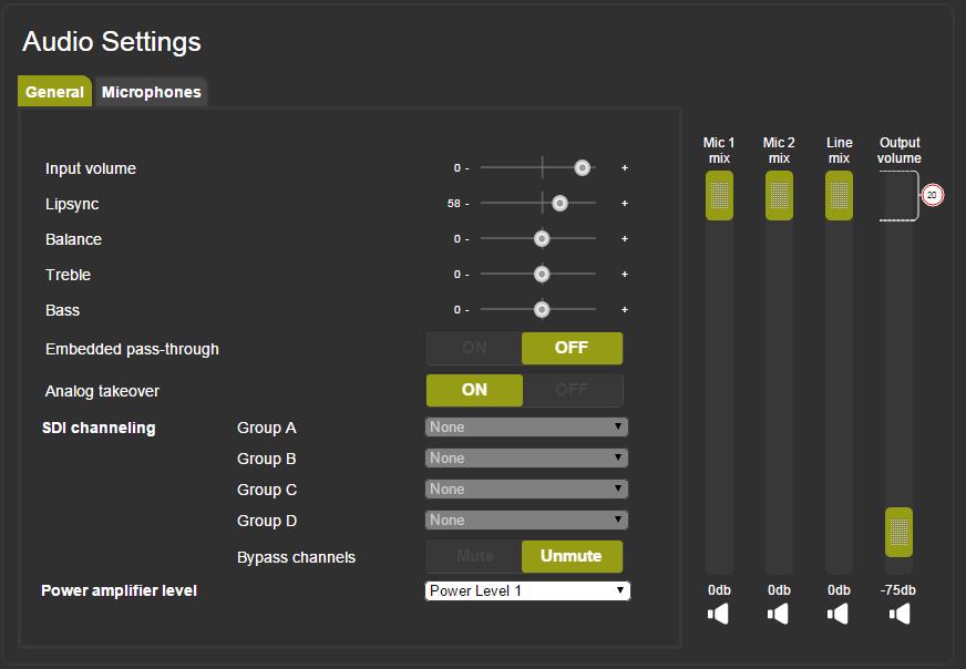 9.6 The Audio Settings Page The audio settings page includes two tabs: the General tab (see Section 9.6.1) and the Microphone tab (see Section 9.6.2).