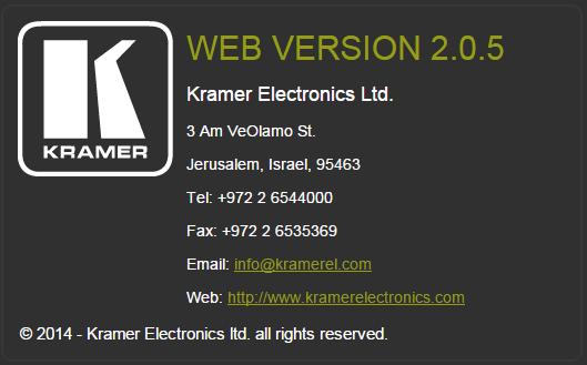 Figure 91: The Security Page 9.10 The About Us Page The VP-774AMP About Us page lets you view the Web page version and Kramer Electronics Ltd details. Figure 92: The About Us Page 9.