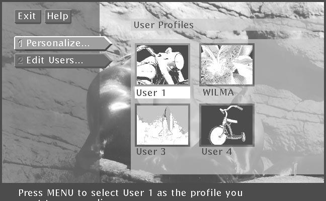 The Menu System Profiles When you select Profiles from the Main menu, the first screen you see is the User Profiles control panel.