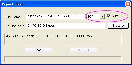 Assign the file name, saving path and export file format (SCP, FDA-XML, DICOM, dat, pdf), and then click on the OK button to export the data into the selected path.