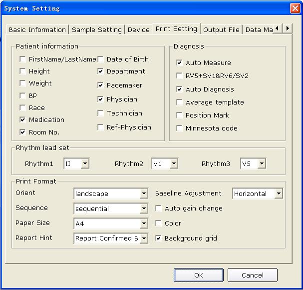 Configuring the System 9.4 Print Setup Figure 9-4 Print Setting Window 9.4.1 Choosing Patient Information to be Printed The default items of the patient information are Department, Room No and Physician.
