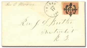U.S. FANCY CANCELS: 1861-1867 Issues 1549 1550 1551 1549 An chor (Bris tol RI) on 1861, 3 rose (65), strong com plete neg a tive strike, Fine to Very Fine. Skin - ner-eno PO-An 22.