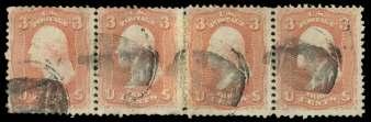 Estimate $250-350 1553 An chor (Putnam CT) on 1861, 3 rose (65), faulty stamp cancelled by fancy, with c.d.s. at left, ad - dressed to Pawtucket RI; slight stain up per left, Fine to Very Fine ap pear ance.