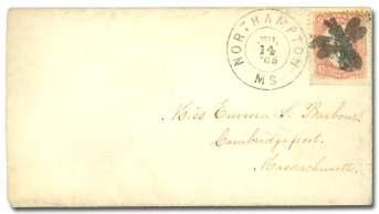 U.S. FANCY CANCELS: 1861-1867 Issues 1562 Ex 1563 1562 In sect (Northampton MA) on 1861, 3 rose (65), just tied by Northampton dou ble cir cle c.d.s., on cover ad dressed to Cambridgeport MA, a strong full strike on a clean cover, truly a choice gem!