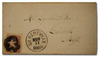 Skin ner-eno ST-E 7. Estimate $200-300 1581 1582 1585 1581 A (Wa ter bury CT) on 1861, 3 rose (65), bold al most com plete strike with part of c.d.s. at left, Fine to Very Fine. Skin ner-eno LS-A1.