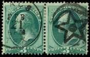 1673 Star & Cres cent (Waco TX) on 1873, 3 green (158), hor i zon tal pair, bold strike, Fine to Very Fine. Cole CR-15.