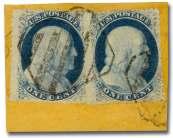 U.S. FANCY CANCELS: 1857 Issue 1857 Issue 1518 1519 1520 1518 Octogon Grid (Mont gom ery AL) on 1857, 1 blue, type V (24), pair, one full strike and one par tial ty ing stamps to piece, Fine to Very