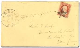 U.S. FANCY CANCELS: 1861-1867 Issues 1524 Out line Star (Free hold NJ) on 1857, 3 dull red, type III (26), well struck fancy can cel ties stamp to cover with cds at left, ad dressed to Moorestown