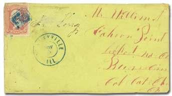 U.S. FANCY CANCELS: 1861-1867 Issues 1530 1531 1530 FT in Fancy Frame (Baileyville IL) on 1861, 3 rose (65), strong blue can cel ties stamp to cover with match ing c.d.s.; perf ero sion at left and top, Fine to Very Fine.