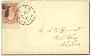 Estimate $200-300 1531 L (Lockport, NY) on 1861, 3 rose (65), just tied by bold strike on small neat cover with pa tri otic pip ing and em bossed shield on backflap, ad dressed to Red Wing MN, Ex