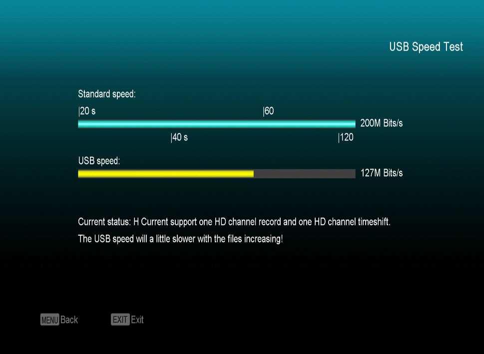 14.4 USB Speed Test In "USB Speed Test" Menu you can see the Standard speed and your USB harddisk speed, according this