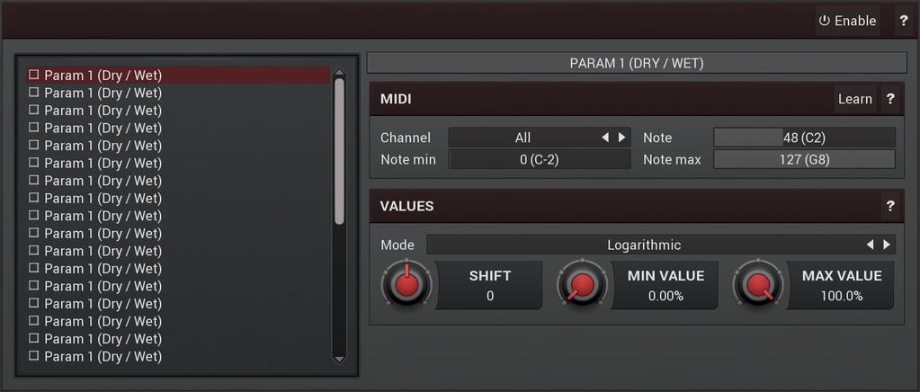 Notes panel contains settings of MIDI note controllers, if you want to control parameters using MIDI keys. Learn Learn enables or disables MIDI learn.