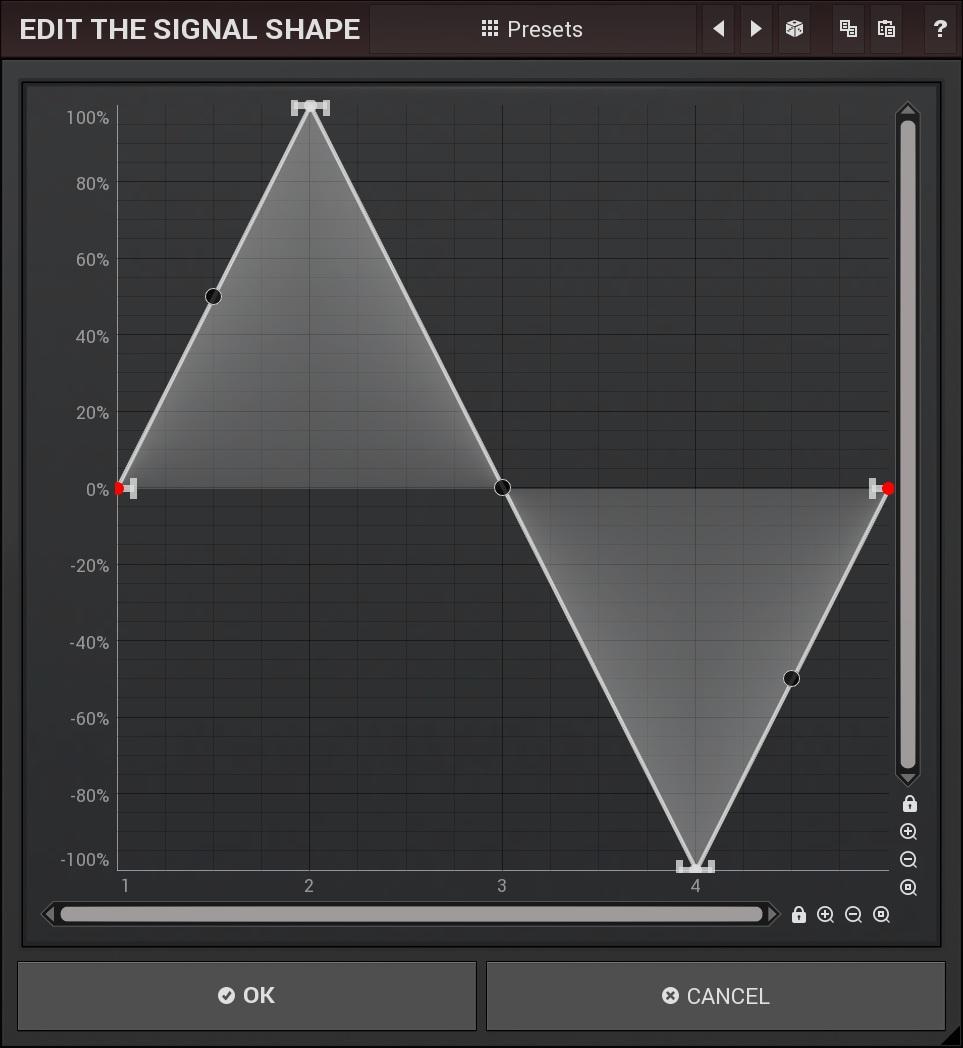 Signal generator custom shape editor controls the custom shape. You can edit virtually any shape that you can imagine and then blend it with the standard shapes, the step sequencer etc.