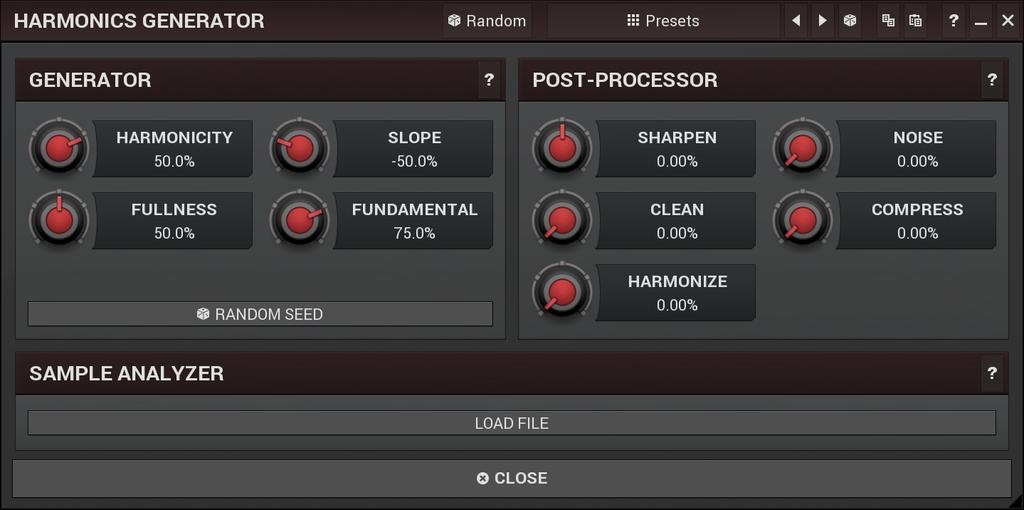 Harmonics generator is a powerful tool, that can generate various harmonics-based timbres and even analyze a sample file and extract harmonics from it.