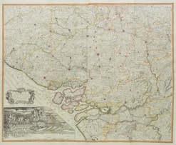 large engraved map on four conjoined sheets, contemporary outline colouring, large inset vignette of a battle scene, old folds, 960 x 1190mm (1) 200-300 215 Newsmap.