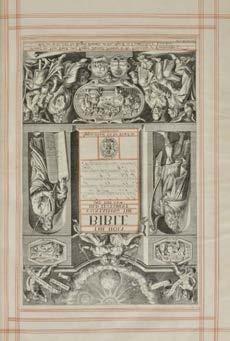 Testament title within decorative woodcut border, Apocrypha present (final leaf of Apocrypha with inscription Thomas Griffin His Book, 1720), double-column black-letter text, fraying to margins of