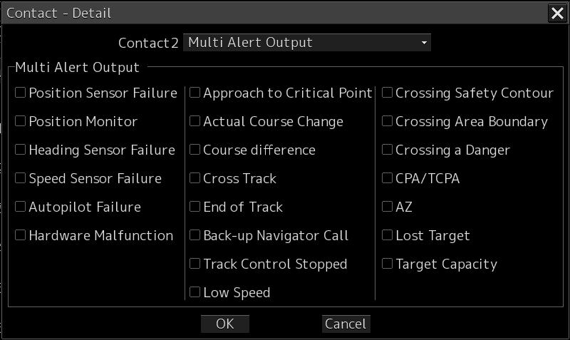 Selecting [Multi Alert Output] Check boxes are displayed in the "Contact-Detail" dialog box. Select the alerts to be enabled by clicking on the check box of them.