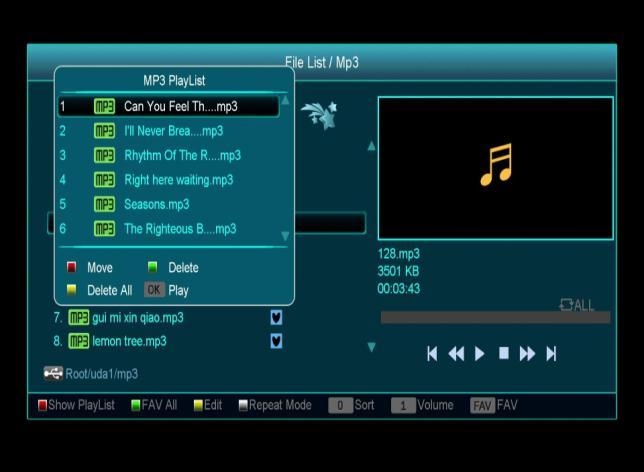 All the MP3 files in current directory are added into MP3 play list by press [Green] key, and will display behind the MP3 files.