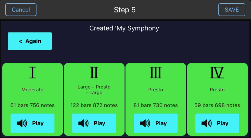 Step 5: Aimée creates your desired symphony. If you wish you can playback the movements.