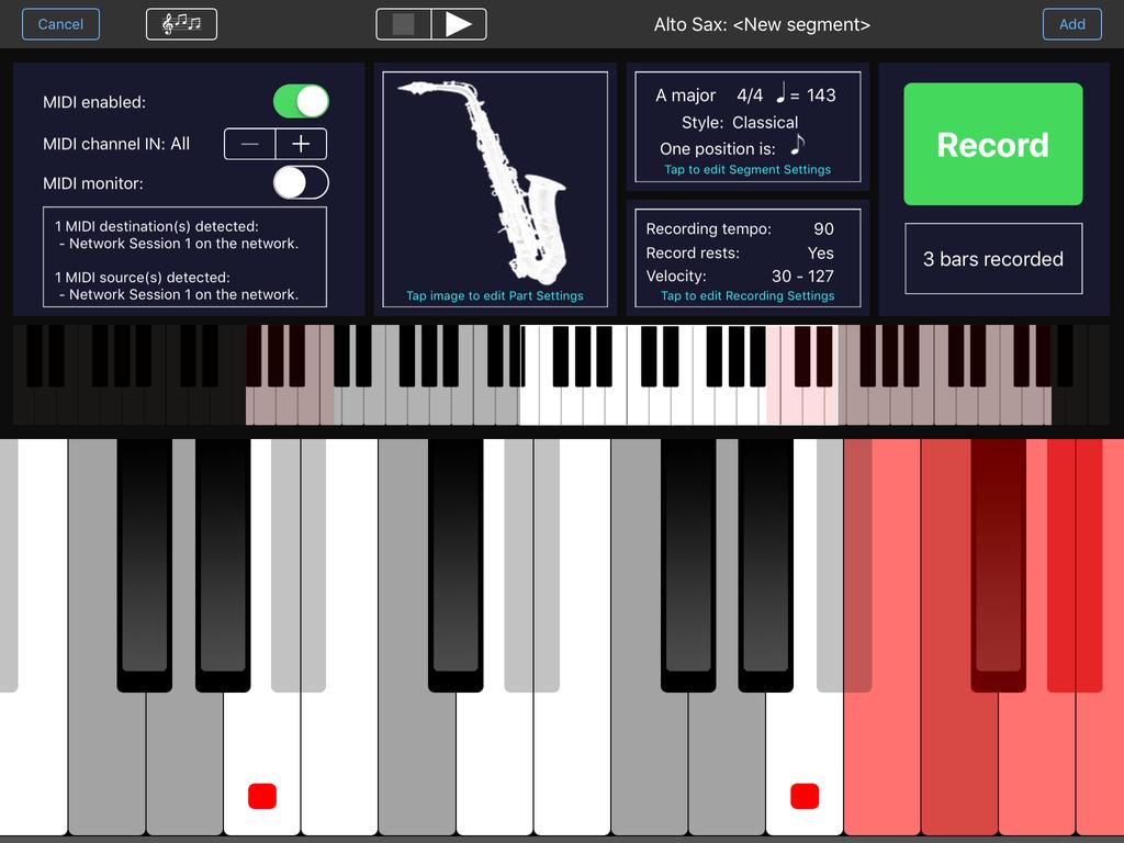 Recording a melody and adding it to a movement After tapping the Record new button on the Composition View, the virtual keyboard will appear: A new segment is added to your movement at the same time.