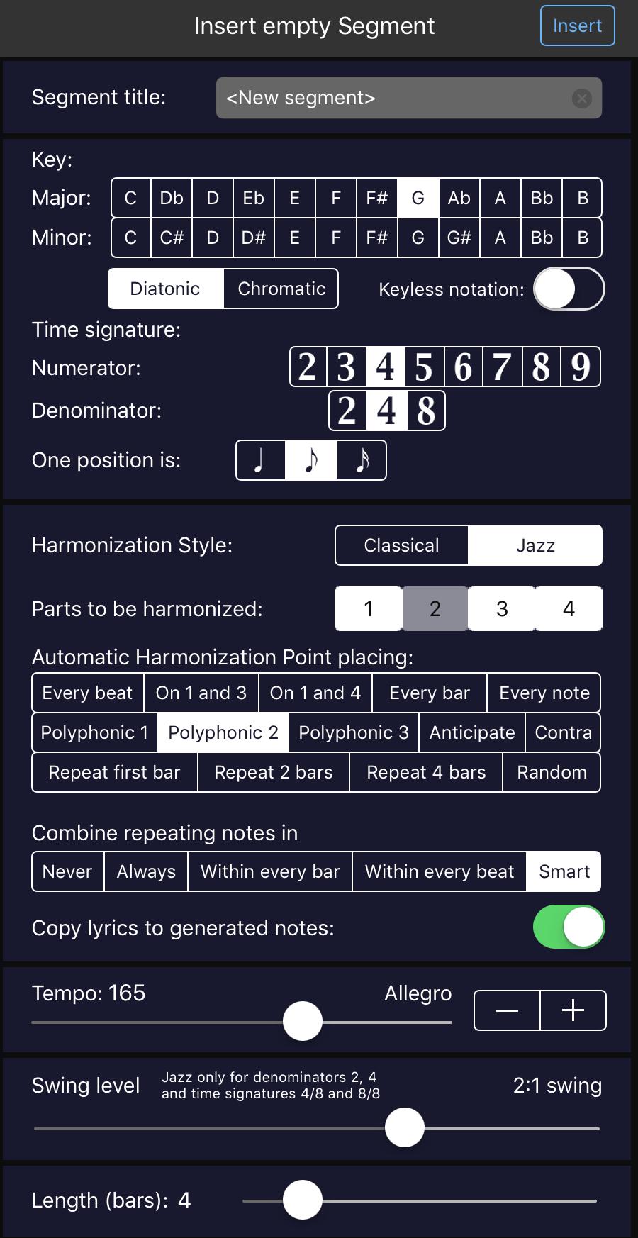 Adding notes to a movement manually After tapping the Prepend empty, Insert empty or Append empty button on the Composition View, a panel will appear with the Segment Settings for a new segment: The