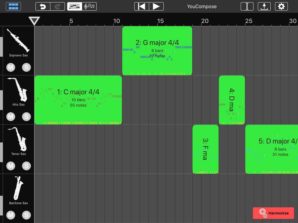 Harmonizing your melodies After adding a few melodies to the current movement the Composition View will look something like this: Your added fragments are there (bright green), and importantly: the