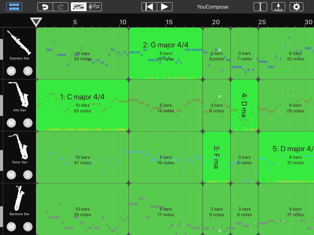 Now tap Harmonize and let Aimée do the hard work. The Composition View will look like this: YouCompose User Manual Aimée has added 3 fragments in every segment. All generated fragments are dark green.