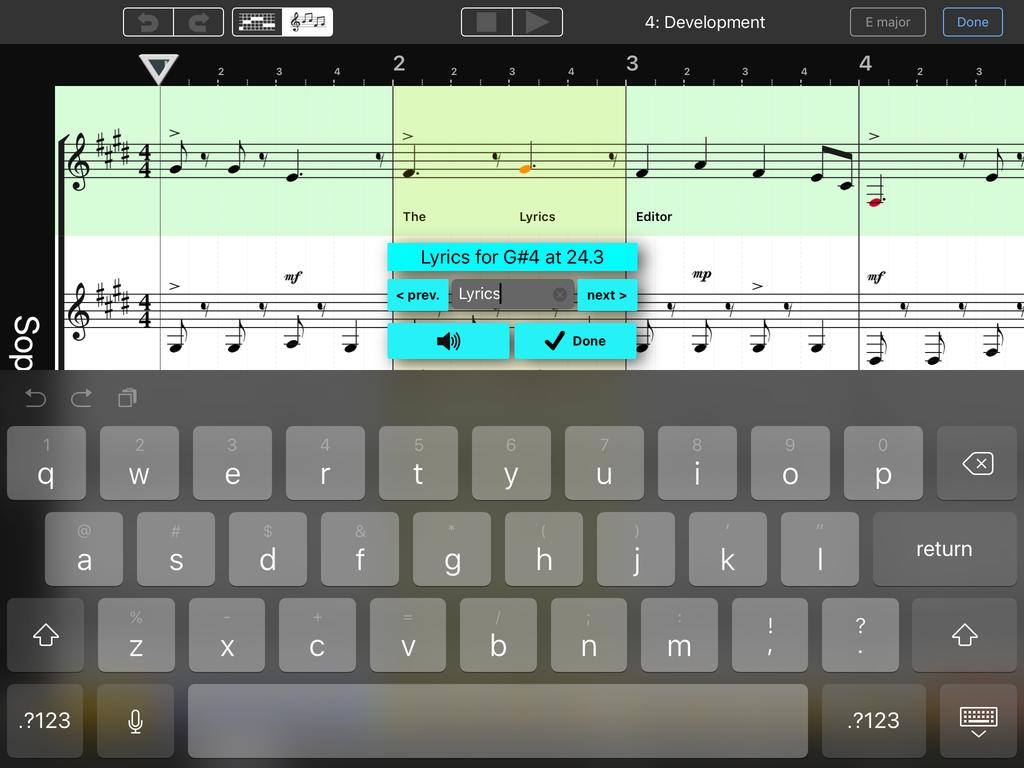 Adding lyrics After tapping the Add lyrics button on the Note Edit Panel in the Note Editor, the Lyrics Editor will open: Notice: You can use the Lyrics Editor both in Grid and in Score mode.