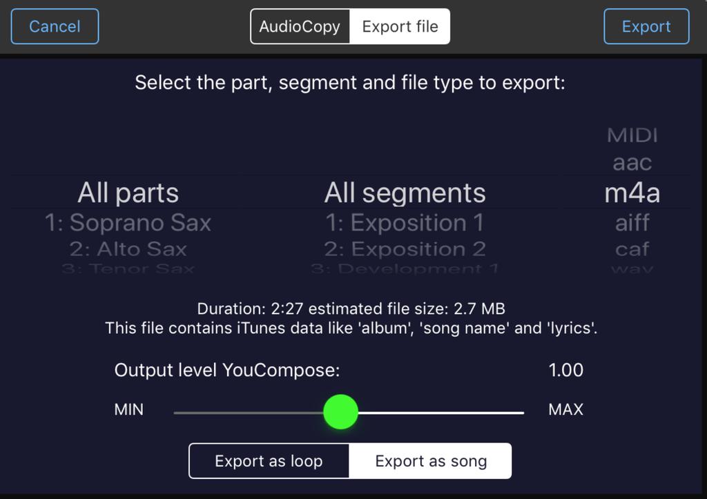 Exporting your composition Exporting an audio file directly into another App.