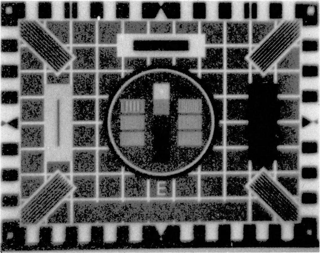 The Colour Test Card F The basic Test Card D design was retained for the colour Test Card F, but the frequency gratings were moved outside the centre circle to make way for a colour picture.
