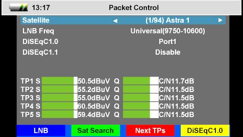 Menu Packet Control 3. Go to LNB Freq and select the right value for the used LNB. The possible values are listed in the section Aligning the Satellite Dish.