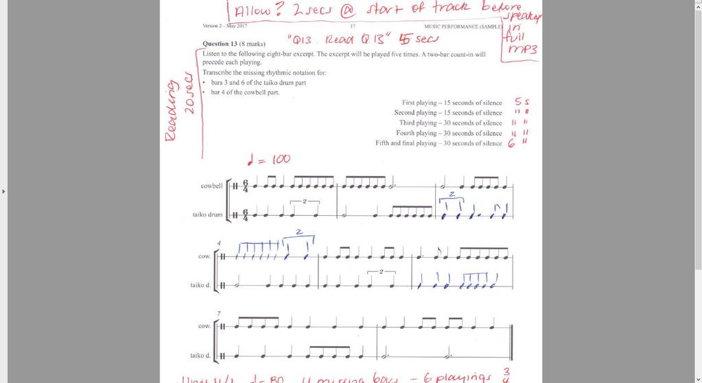 Version 3 January 2018 17 MUSIC PERFORMANCE (SAMPLE) Question 13 (8 marks) Listen to the following eight-bar excerpt. The excerpt will be played five times.