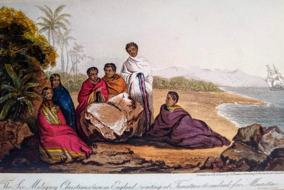 Baxter (showing painting of the six refuges waiting on the beach at Tamatave, where they historically embarked), title vignette ( The Vignette, in mournful contrast with the soft and inviting scenery