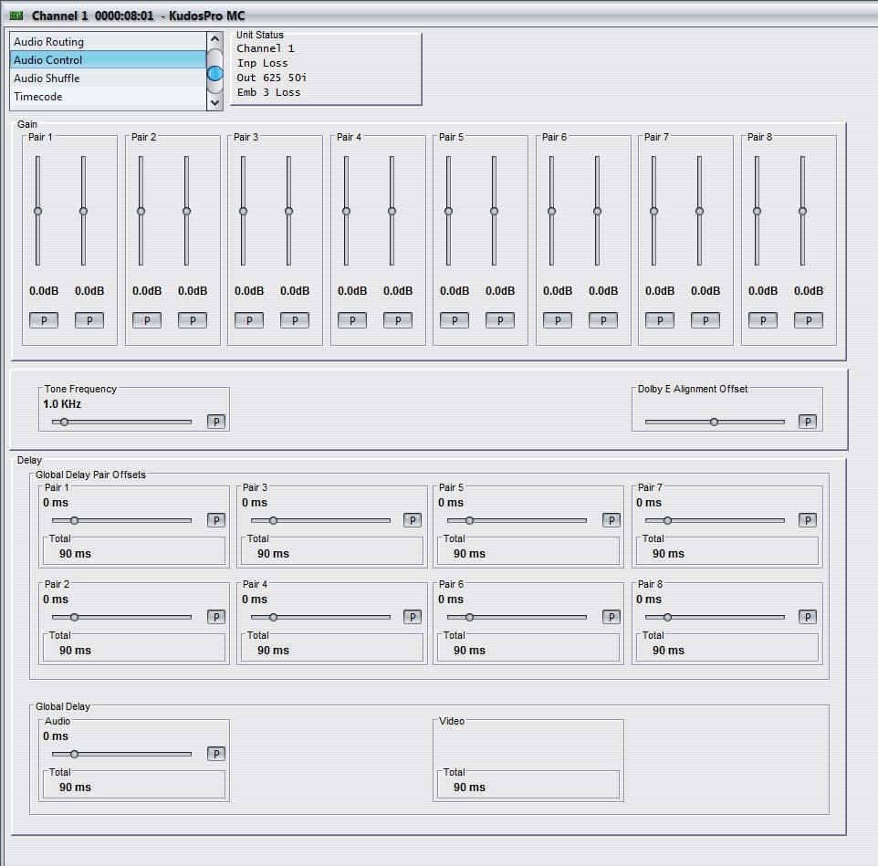 RollCall Control Panel Channel Operation Screens 11.7 Audio Control The Audio Control screen enables you to adjust the gain of the audio channels. 11.7.1 Gain The Pair 1 8 sliders adjust the gain of the left and right channels of the audio pairs.