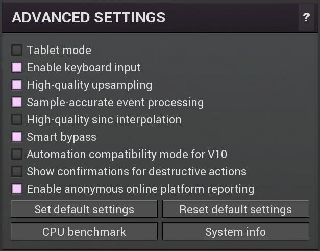 Advanced settings panel contains settings that control the behaviour of this instance. These are properties that rarely need to be changed, so they have been moved here.