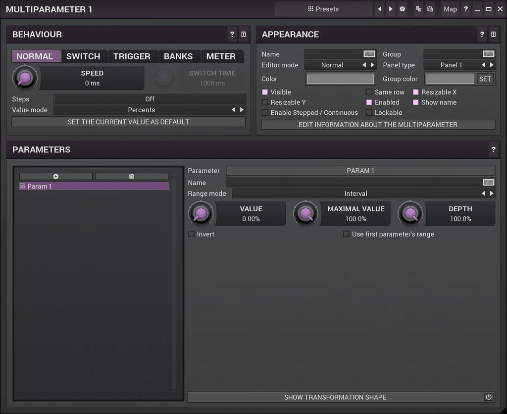 MultiParameter editor Multiparameter is a powerful structure, which can speed up your workflow significantly and even perform automatic tasks, often useful when performing in real-time for example.