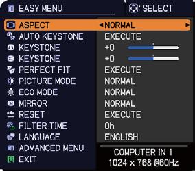 ON AUTO OFF DOWN MUTE ESC ENTER R MENU RESET Using the menu function Operating This projector has the following menus: PICTURE, IMAGE, INPUT, SETUP, AUDIO, SCREEN, OPTION, NETWORK, SECURITY and EASY