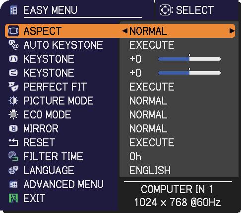 EASY MENU EASY MENU From the EASY MENU, items shown in the table below can be performed. Select an item using the / cursor buttons. Then perform it according to the following table.