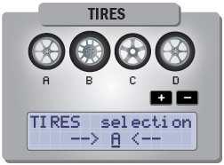 Parameter: TIRES With this parameter you can select up to 4 different kinds of wheels (A, B, C, D). For example: dry, rain, snow, or dirt tires.