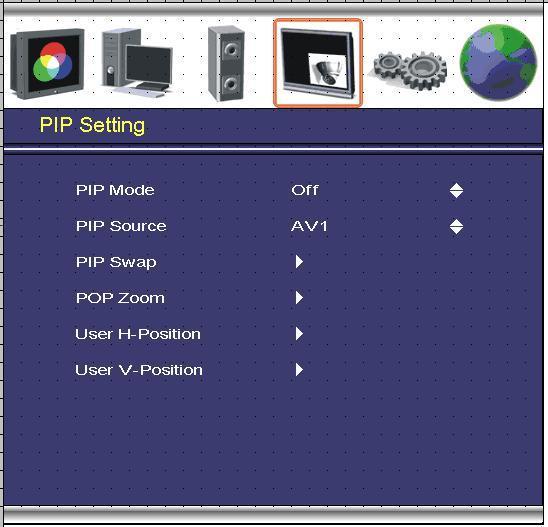 PIP SETTING PIP Mode: PIP Source: PIP Swap: POP Zoom: PIP Auto Close: PIP Switching: Switching Time: User H-Position: User V-Position: This function allows the PIP mode to be selected.