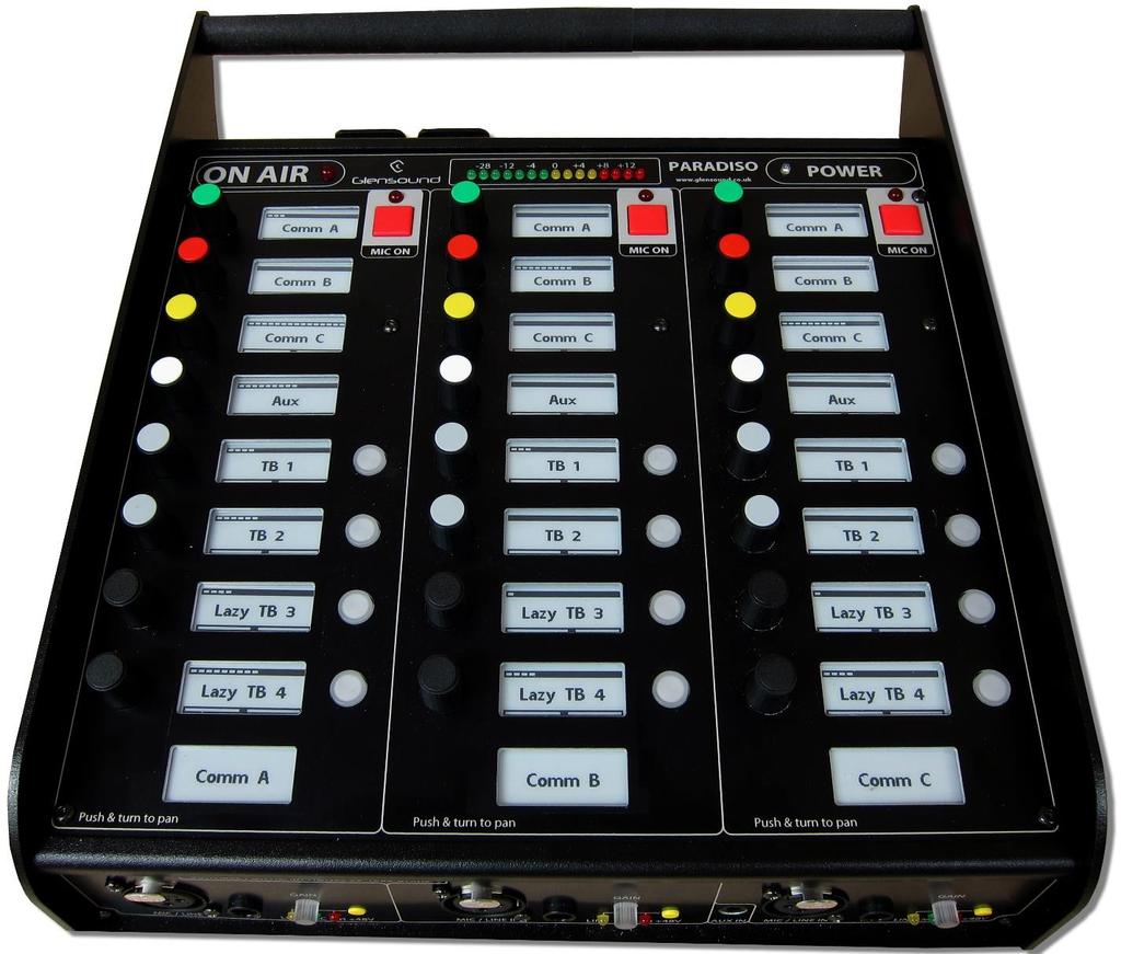 Top Panel 1. On Air LED 2. PPM Meter 3. Mic On 4. Power LED 2. Headphone Level & PAN 6. epaper Displays 7. Talkback Buttons 1.