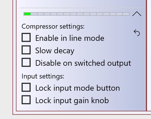 Notes: Enable in line mode: If ticked the compressor will be turned on if the input is set to line. Slow decay: This turns off a fast RMS compressor before the more gentle peak compressor.